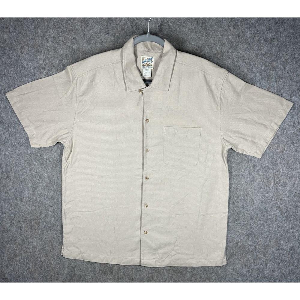 TravelSmith Shirt Mens Large Beige CoolMax Short Sleeve Button Up Travel 8843